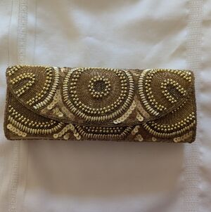 New Elegant Gold and Brown Beaded Satin Clutch